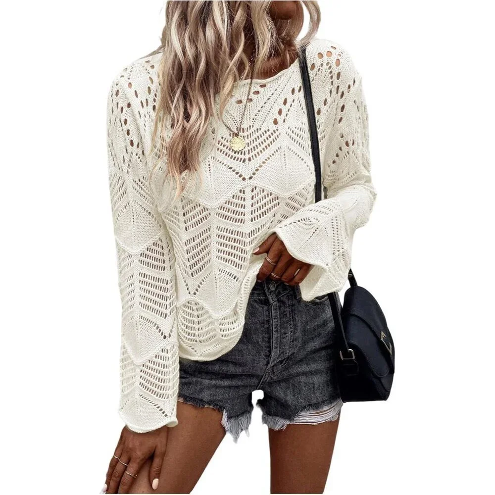 Women's Crochet Sweater Hollow Out Lightweight Crew Neck Long Sleeve Knit Top
